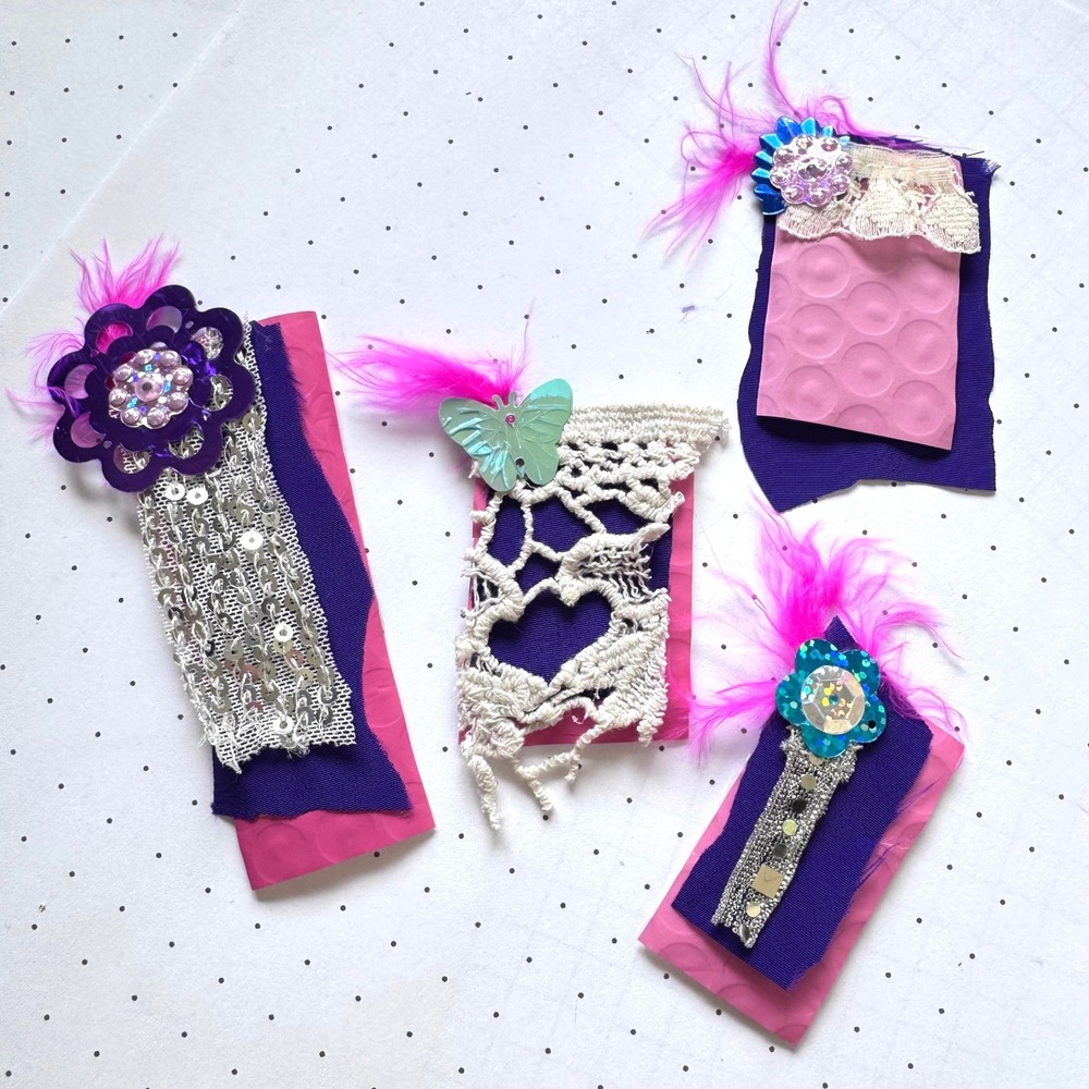 Handmade y2k fairycore scrappy tags set of 4 hot pink feathers sequin, lace